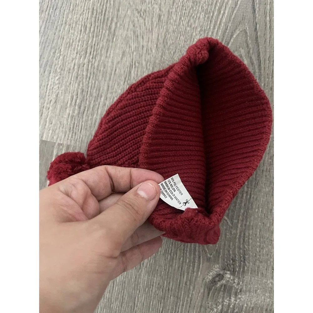 Boys Cozy Ribbed Knit Pom Pom Beanie Hat Red/Maroon Cuffed Winter Cap